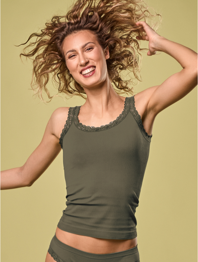 CAMISETA MUJER DE TIRANTES ENCAJE ACEITUNA Focenza